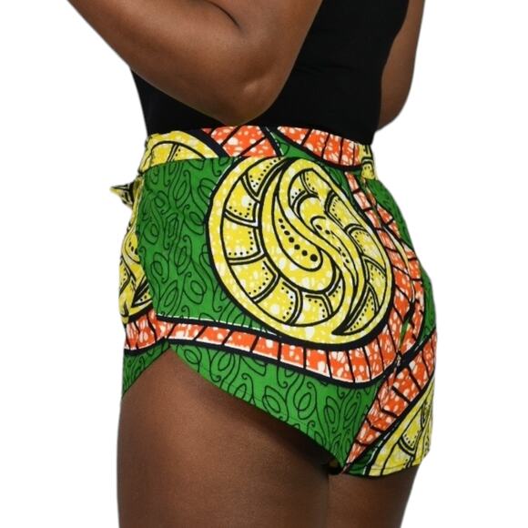 Homemade Wrap Shorts Green Ankara African Print Hot Pants Retro Sewing Cotton 4 - Picture 6 of 16